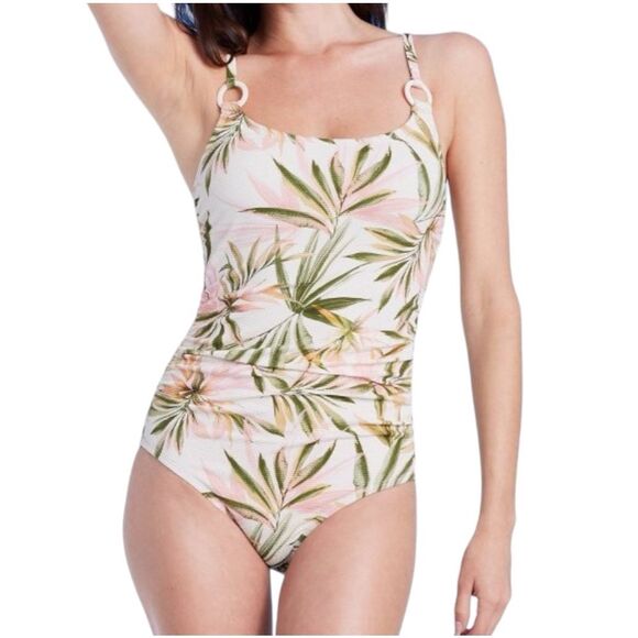 Shade & Shore Other - NEW Shade & Shore Scoop Neck Ring One Piece Cream Tropical Swimsuit S